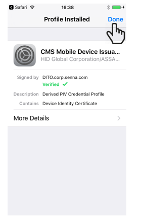 An iPhone screen showing the installed profile during CMS Mobile Device Issuance with a hand icon pointing to a Done button in the top right corner